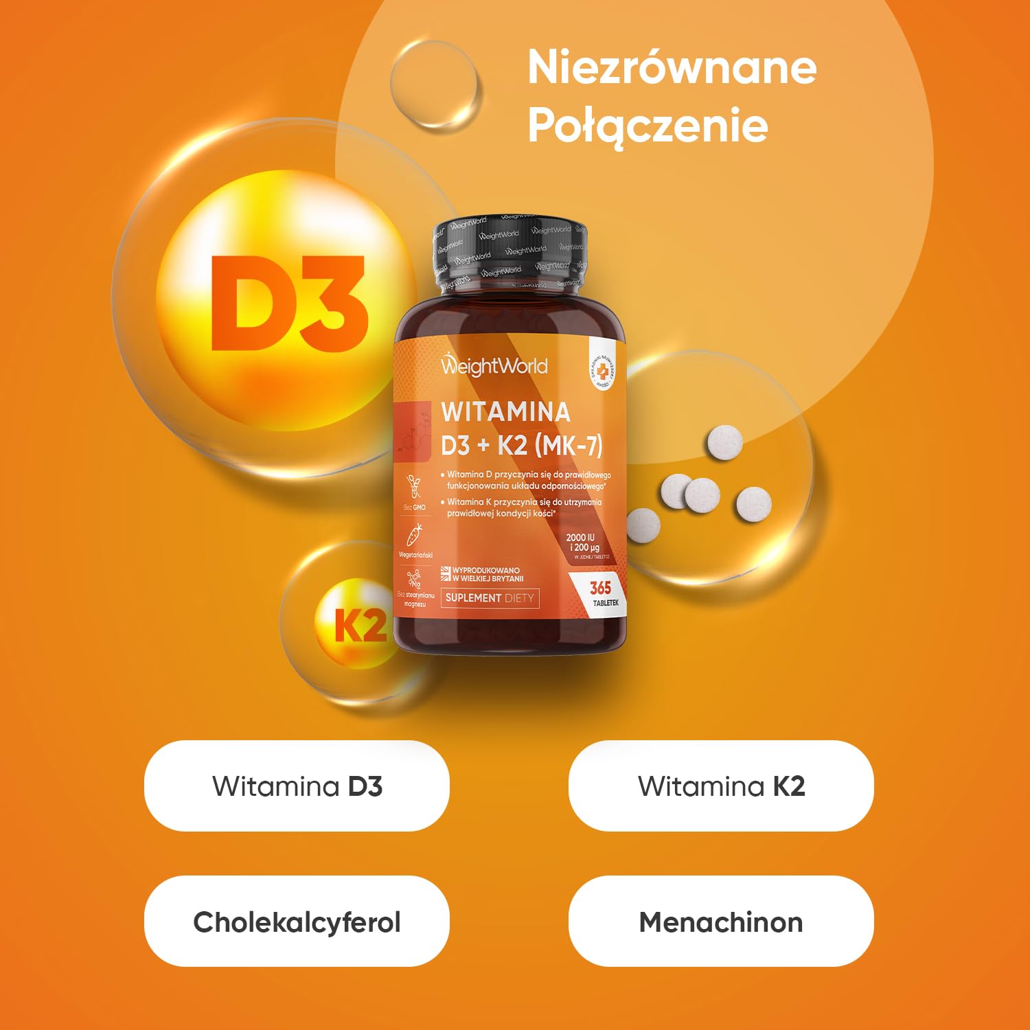 Witamina D3 i K2 2000 IU + 200 µg – 365 wegetariańskich tabletek witaminy D i MK7, produkt bez GMO – Witamina D przyczynia się do utrzymania prawidłowego stanu kości (EFSA)