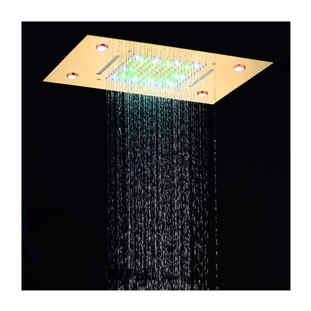 Doccette, soffione Doccia Fisso a LED da 360 * 500 mm, soffione Doccia a Pioggia Montato a soffitto in Oro, Grande soffione Doccia in Acciaio Inossidabile ad Alta Pressione con 3 funzioni: Pioggia,