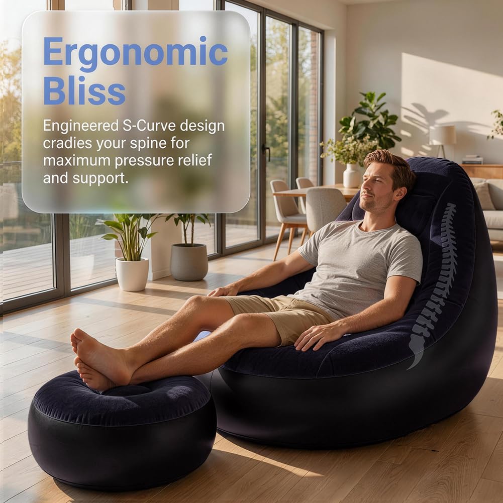 Divano gonfiabile con poggiapiedi, pouf gonfiabile, sedia gonfiabile, divano gonfiabile, poltrona gonfiabile per soggiorno, camera da letto, giardino (blu scuro)