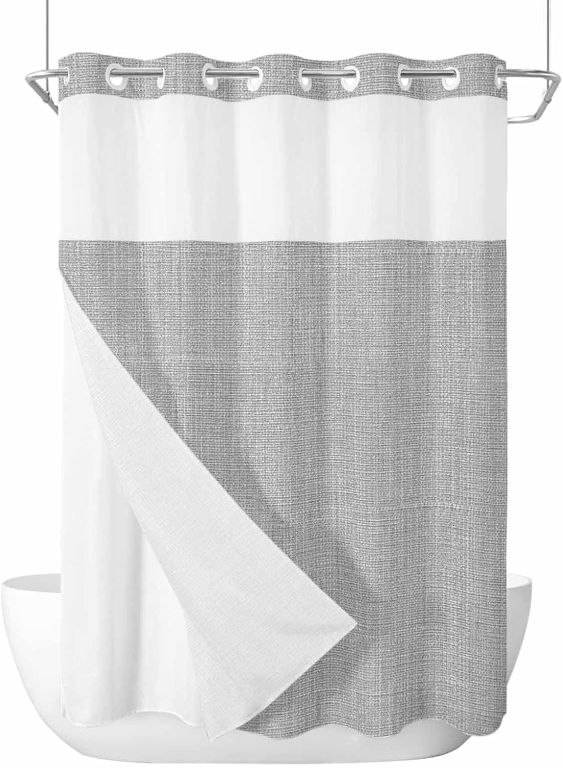 No Hook Shower Curtain and Snap in Liner Set, Vintage Gray Fabric Bathroom Shower Curtains 60x72 Inch, See Through Mesh Top Window, Farmhouse Retro Beige Solid Color Hotel Style, Washable Waterproof