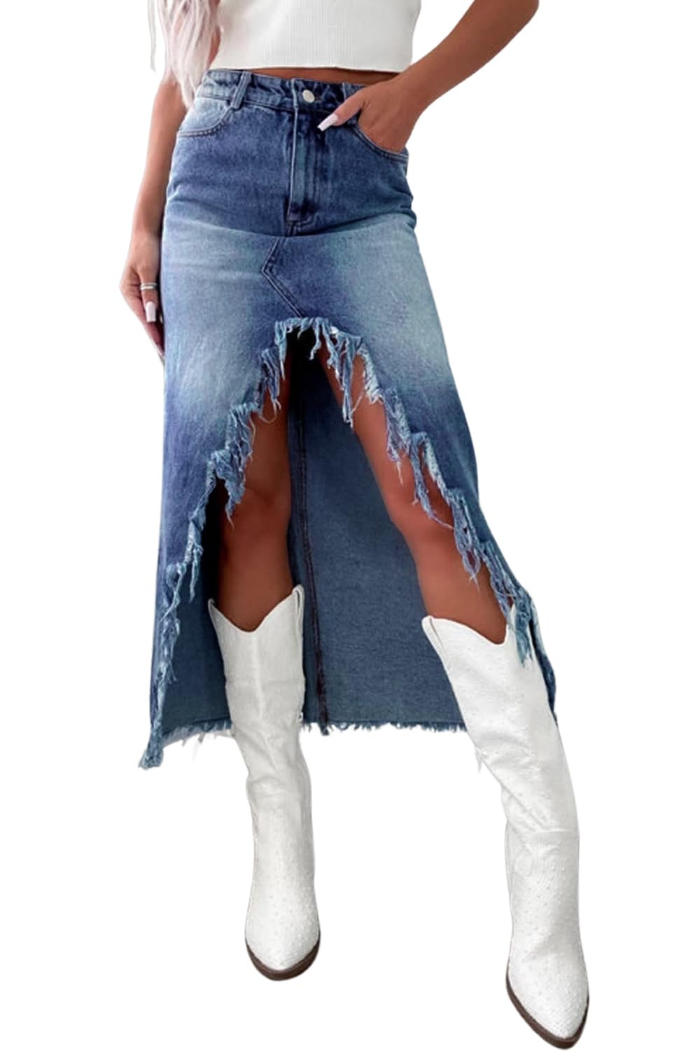 yoeasy Womens Casual Slit Denim Midi Jean Skirt High Waist Frayed Distressed Button A-Line Long Jean Skirt