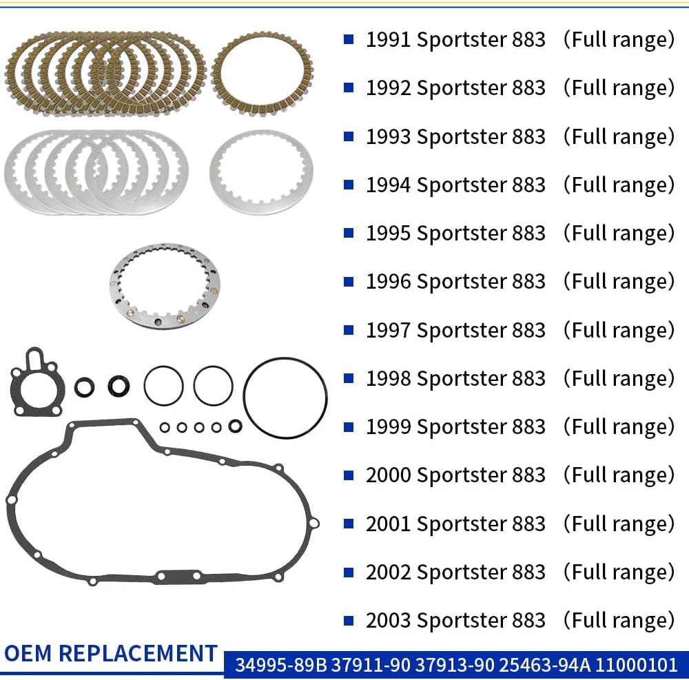 Clutch Friction Plates & Clutch spring plate & Primary Cover Gasket Kit Compatible with Sportster 883 1200 OEM# 34995-89B 37911-90 37913-90 37977-90