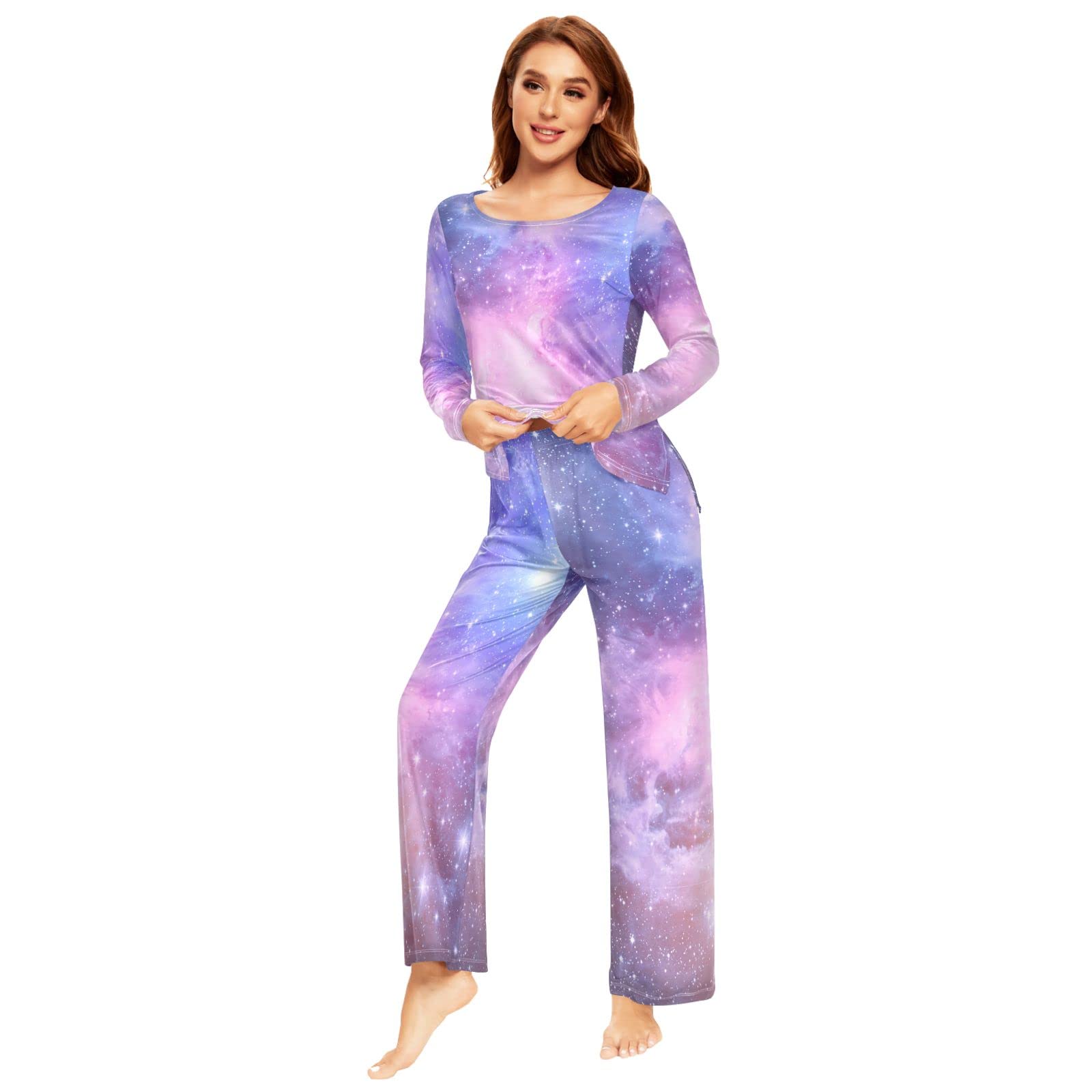 Schlafanzug-Set für Damen, Galaxy Space Langarm Nachtwäsche Loungewear Set Pjs Nachtwäsche Set, mehrfarbig, 48