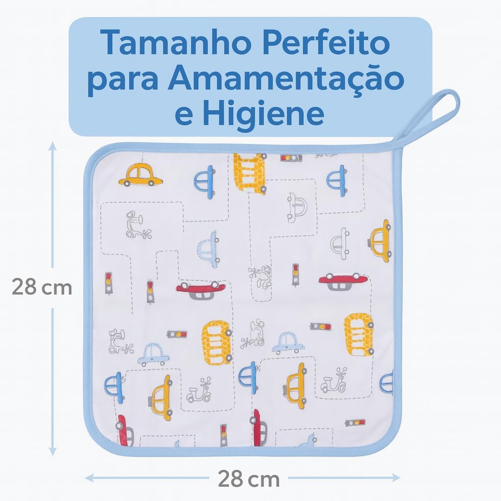 Kit 3 Paninhos de Boca Bebê 100% Algodão Malha com Prendedor de Chupeta 28x28cm – Toalhinha Suave, Absorvente e Confortável (Azul/Branco)