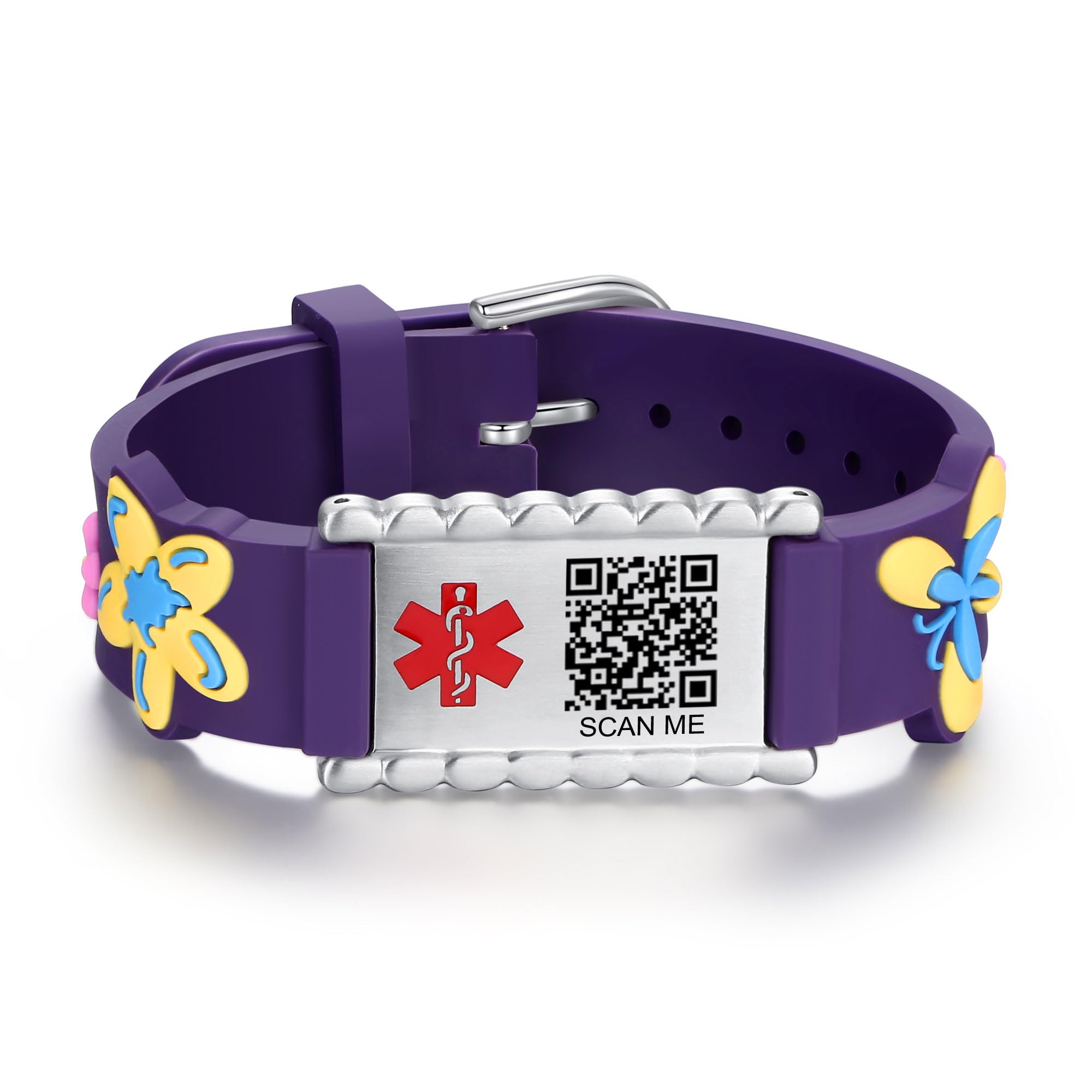 LinnaLove Medical Alert ID Bracelet – Custom or Pre-Engraved, QR Code Available,Blue Dinosaur Band