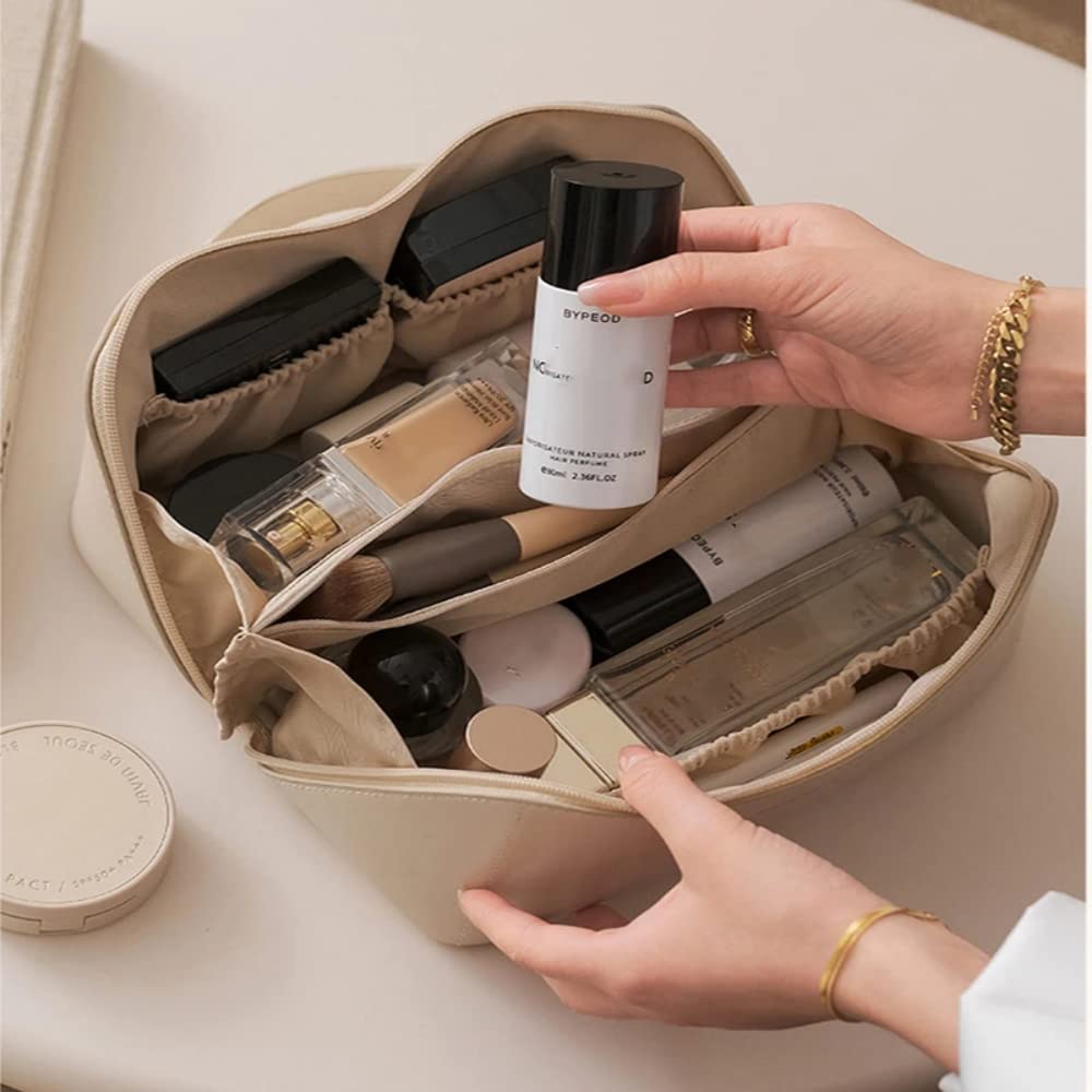 Large Travel Cosmetic Bag Cosmetic Organizer High Capacity Makeup Bag Storage Pouch PU Leather Makeup Box for Women Girls (Beige) - Image 4