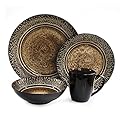 American Atelier 6203-16 Markham Square Casual Round Dinnerware Set – 16-Piece Stoneware Party Collection w/ 4 Dinner Salad Plates, 4 Bowls & 4 Mugs – Unique Gift Idea, 11x11x4, Brown