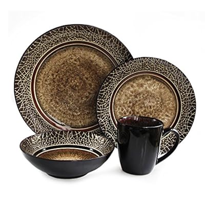 American Atelier 6203-16 Markham Square Casual Round Dinnerware Set – 16-Piece Stoneware Party Collection w/ 4 Dinner Salad Plates, 4 Bowls & 4 Mugs – Unique Gift Idea, 11x11x4, Brown