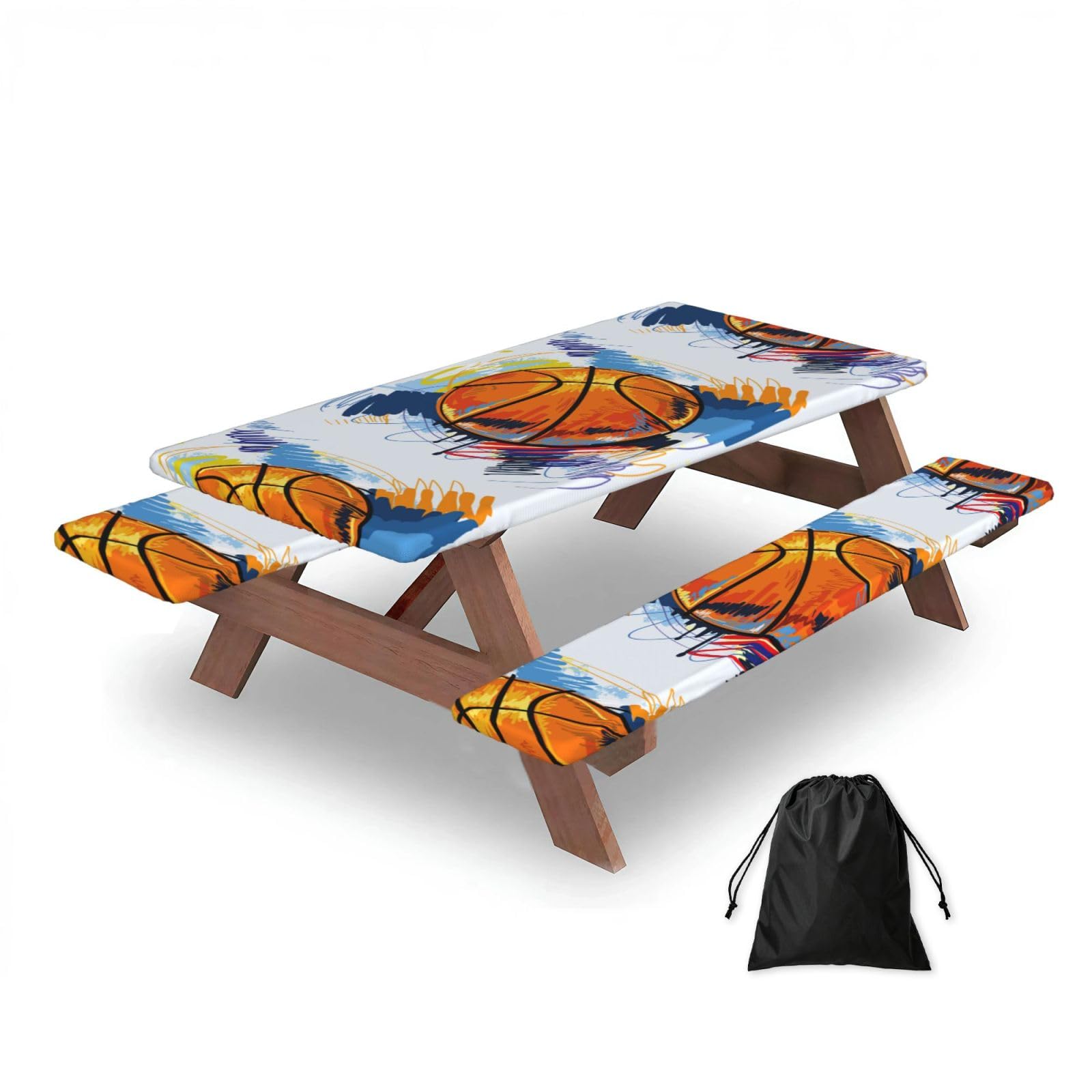 Basketball Colorful Sketch Enjoyment Printed, Picnic Table Cover With Bench Covers -Waterproof Elastic Fitted Tablecloth for Garden Camping Patio 76x152cm