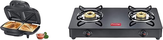 Prestige Iris Free Standing Lpg Gas Stove, 2 Burner, Black, Powder Coater Mild Steel With Glass Top, Manual & Psmfd 01 800W Sandwich Maker (Black)