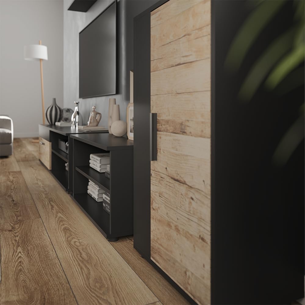 Vicco Parete attrezzata soggiorno Berno, Nero/Rovere sabbia, Set da 4 pezzi