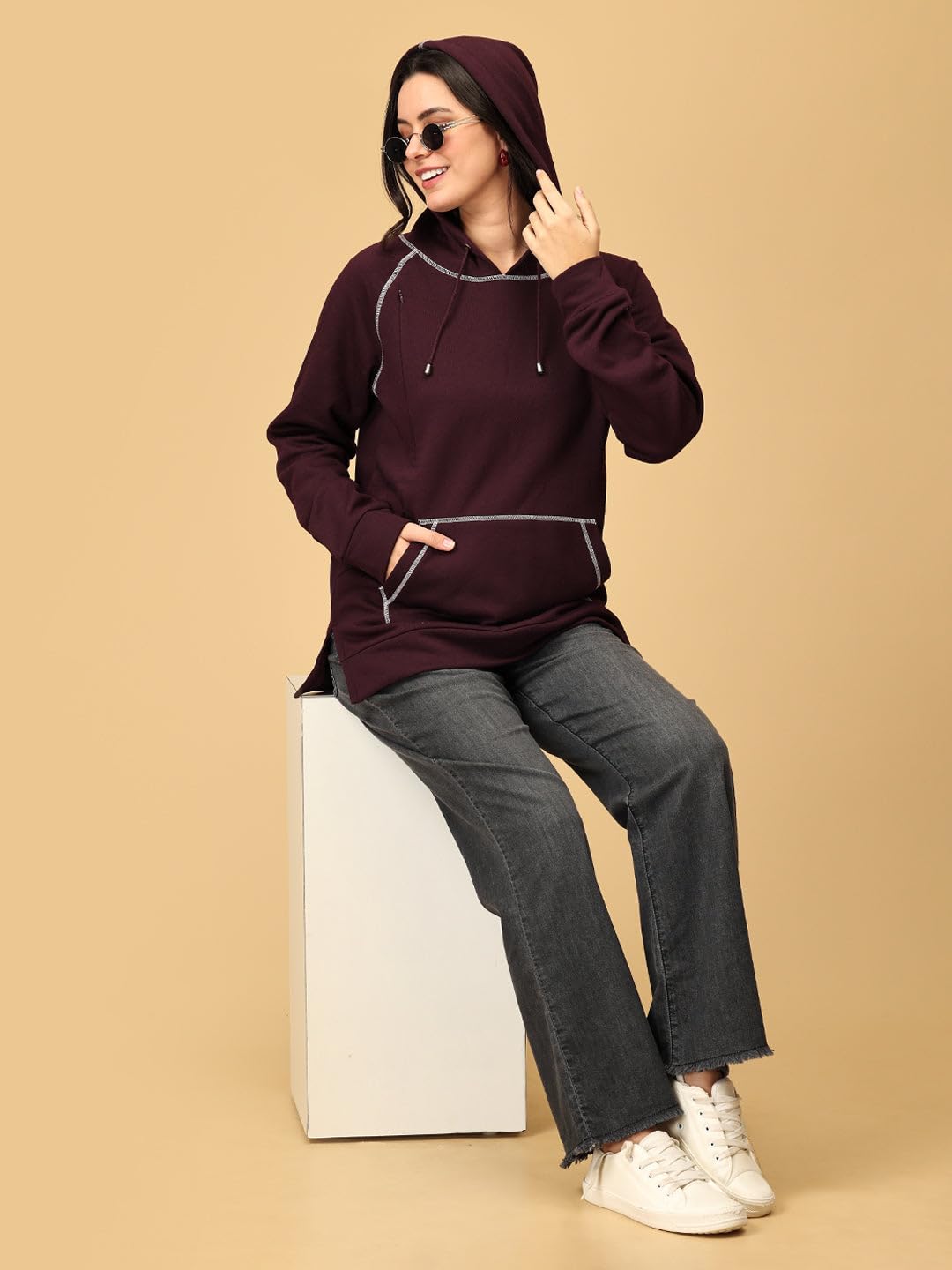The Mom Store Women's Cotton Maternity and Nursing Hoodie | Breastfeeding Pre and Post Pregnancy Hooded Sweatshirt | Wine | L 4