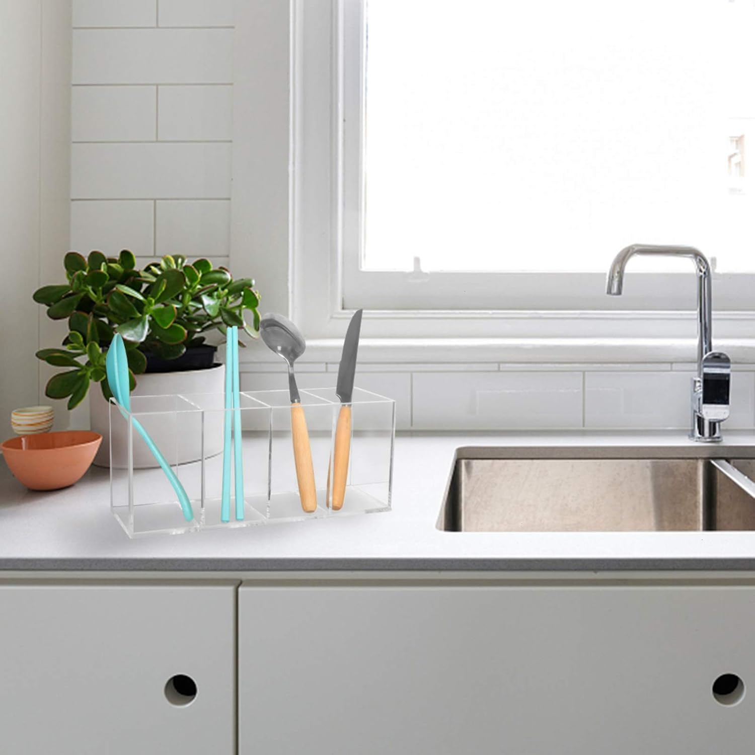 COYMOS Clear Pencil Holder for Desk 4 Compartments, Acrylic Pen Holder Organizer, Pencil Cup Stationery Organizer for Desk Accessories, Cosmetic Brush Storage Box, for Office, Dorm, Bathroom, Kitchen : Office Products