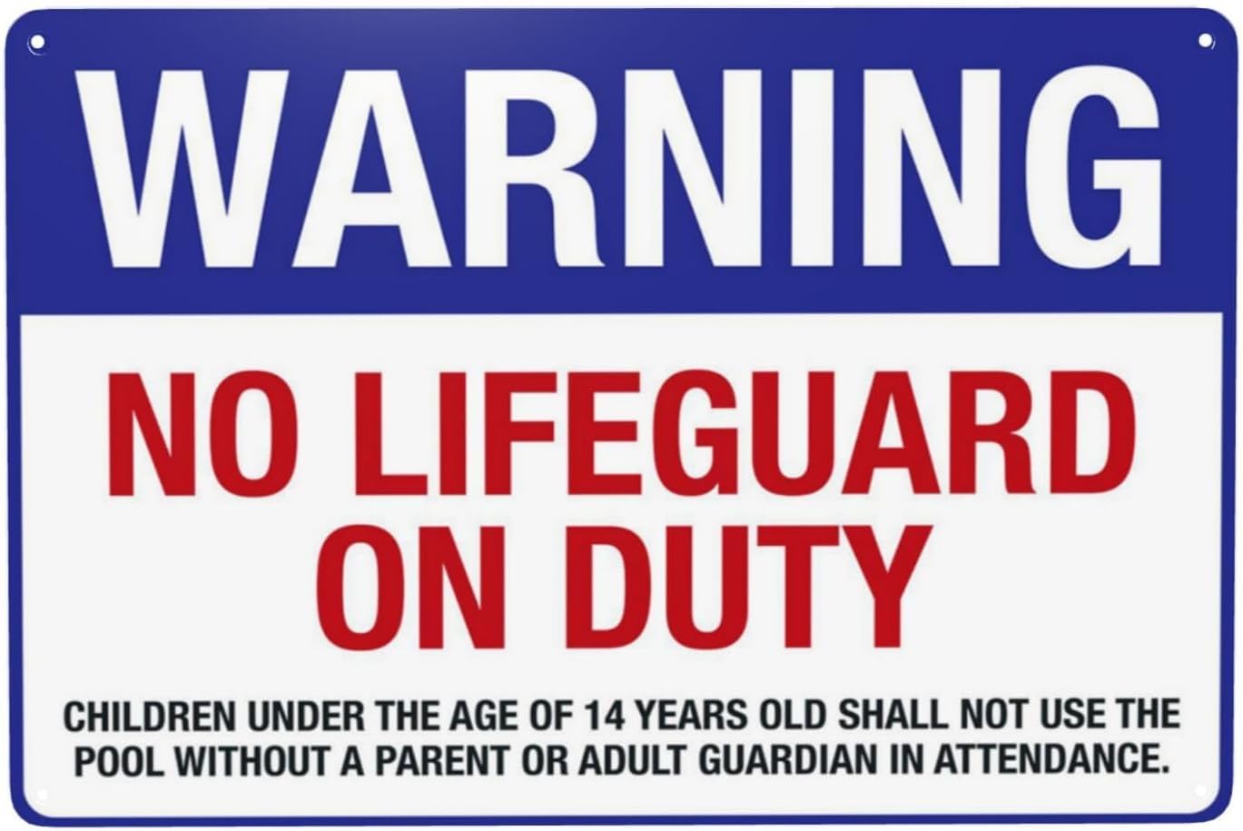 Pool Warning No Lifeguard On Duty Rust Free Aluminum Sign - Retro Pool Safety Decor with Pre-Drilled Holes for Home/Business Pool - 12x16 Inch​