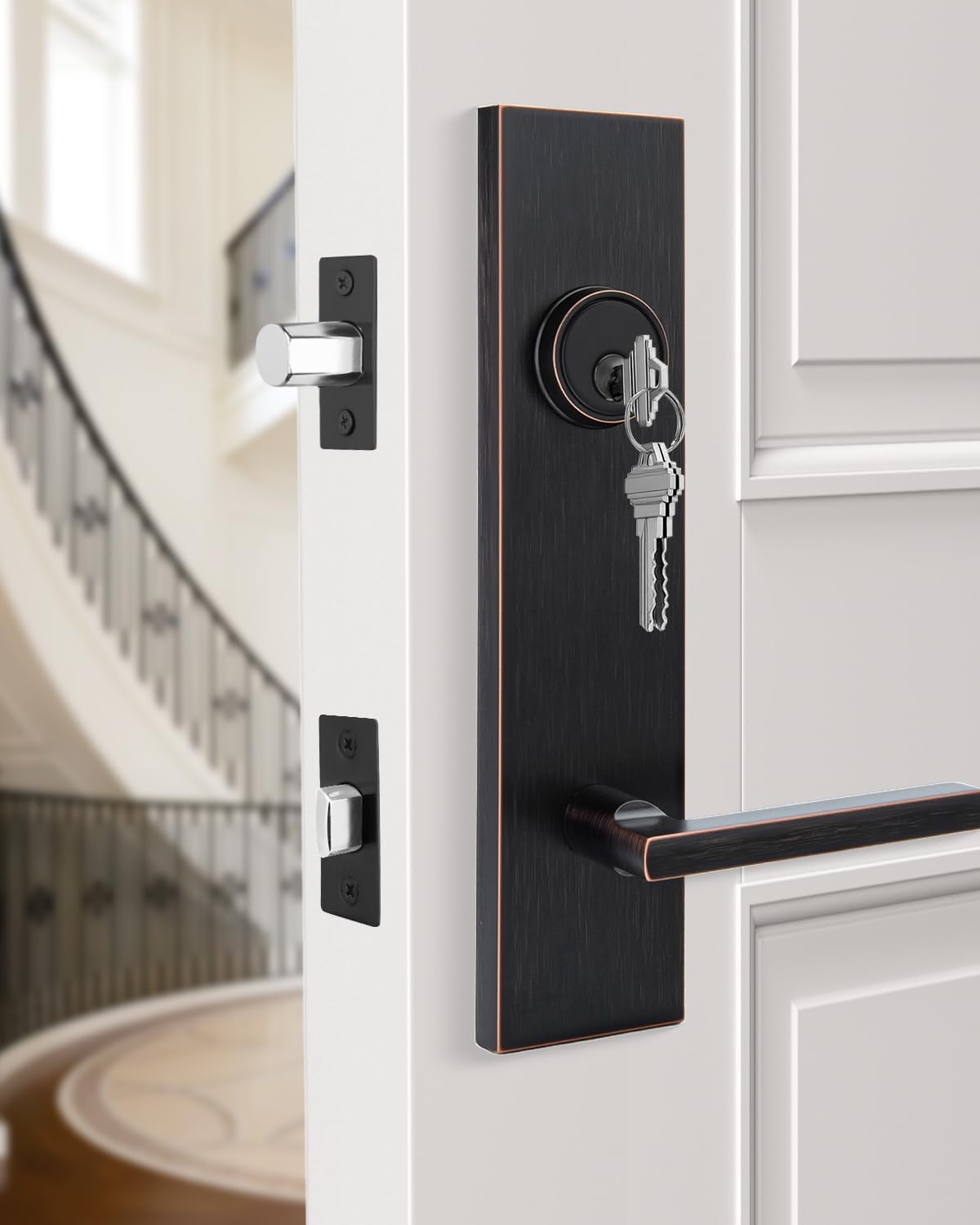 Goldenwarm Oil Rubbed Bronze Front Door Handle and Deadbolt Set, Oil Rubbed Bronze Heavy-Duty Zinc Alloy Exterior Door Lock Set, Keyed Alike Modern Reversible Lever, 1-Pack