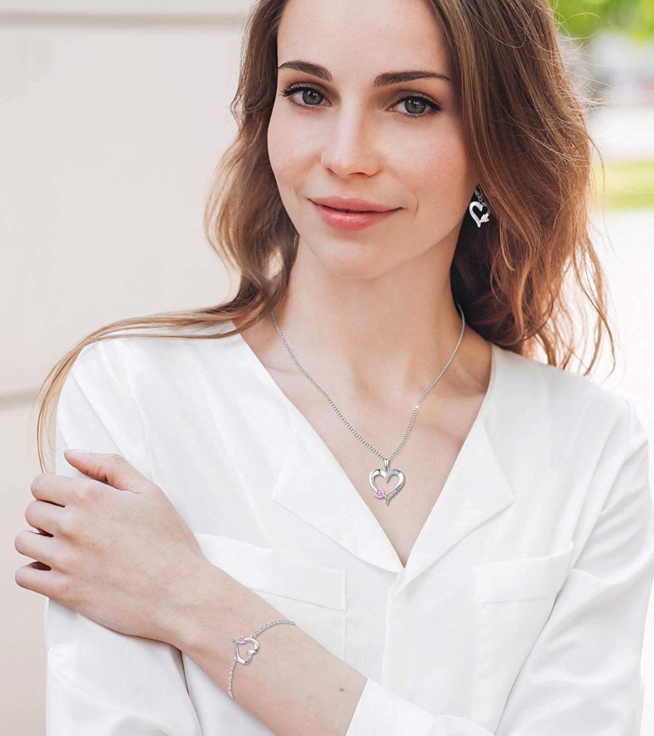 YL Collar de Corazón Plata de Ley 925 con 12 Piedras de Nacimiento Circonita Collar con Colgante de Corazón Doble para Mujer, 45-48cm