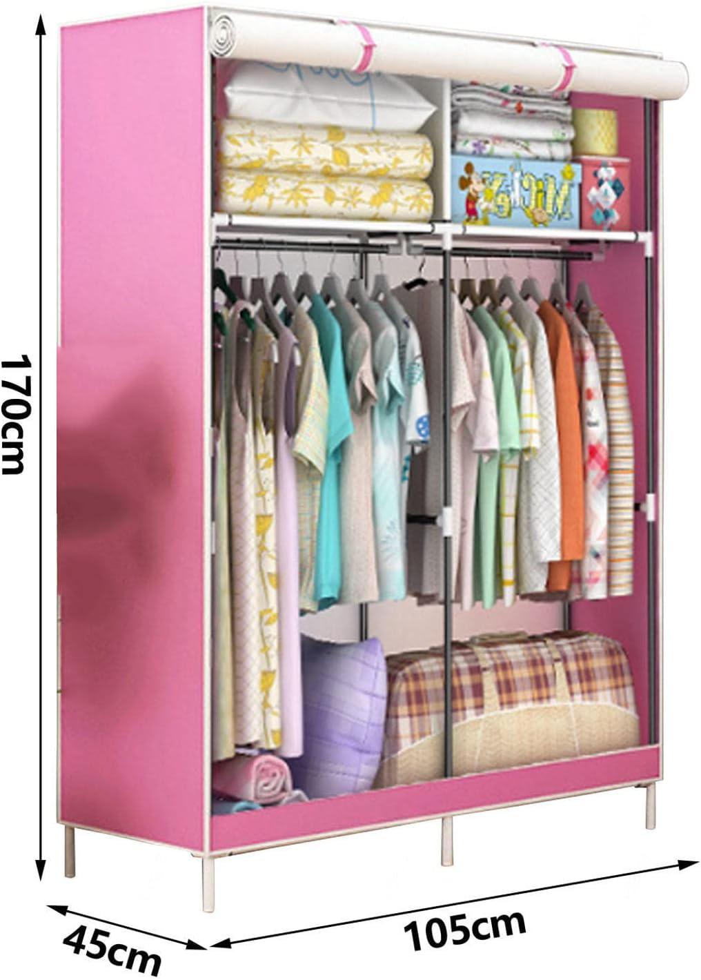 Portable Canvas Wardrobe, Fabric Wardrobe Shelves, with Hanging Rail and Side Pockets, Foldable Clothes Closet Storage Organizer,Pink-105x45x170cm