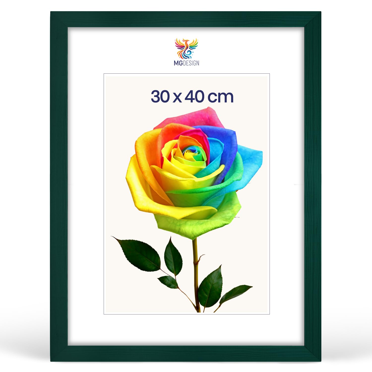 MG Design Bilderrahmen 30 x 40 cm – Fotorahmen mit Grün Holzrahmen (Echtholz) und bruchsicherem Acrylglas, Hoch & Quer zum Aufhängen, zum Aufstellen