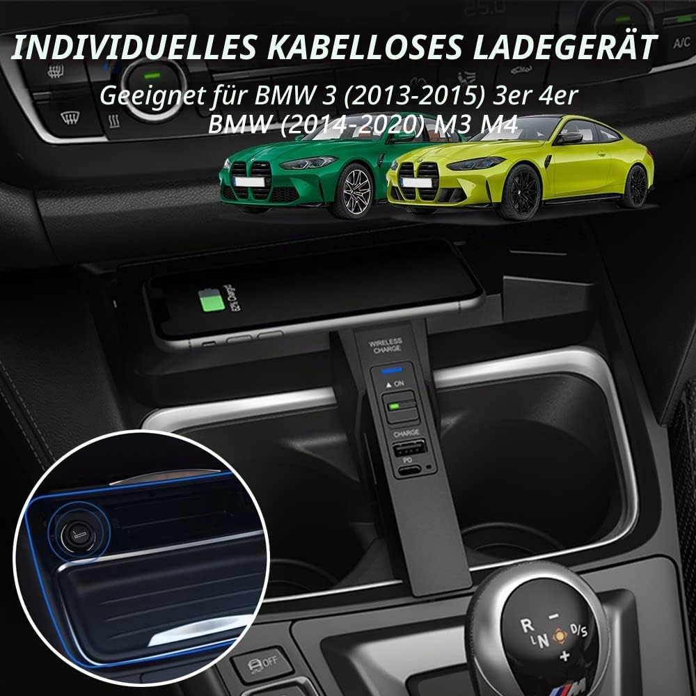 Kabelloses Auto Ladegerät für BMW 3 Series 4 Series 2013-2015, für BMW M3 M4 2014-2020, 15W Schnellladendes Handy-Ladegerät für BMW F30/F31/F32/F33/F36/F80/F82/F83 Center Console Accessory | Kabelloses Schnellladegerät, für BMW 3er Serie 4 M3 M4 F30/F31/F