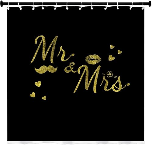 Mr Mrs - Cortina de ducha para parejas, boda, baño, tela para decoración de baño, 72.0 x 72.0in, color negro y dorado