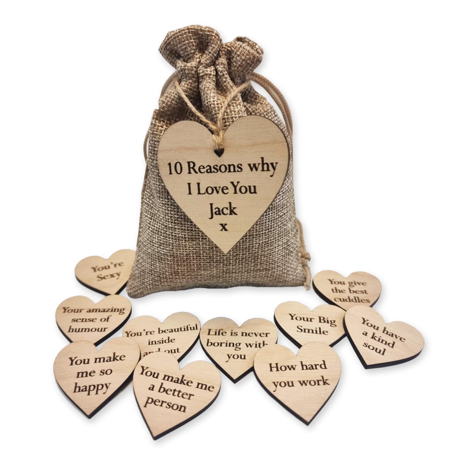 Personalised Reasons Why I Love You Wooden Hearts - Romantic Anniversary and Valentine’s Gift with Unique Messages in Hessian Bag - Thoughtful Keepsake for Him or Her