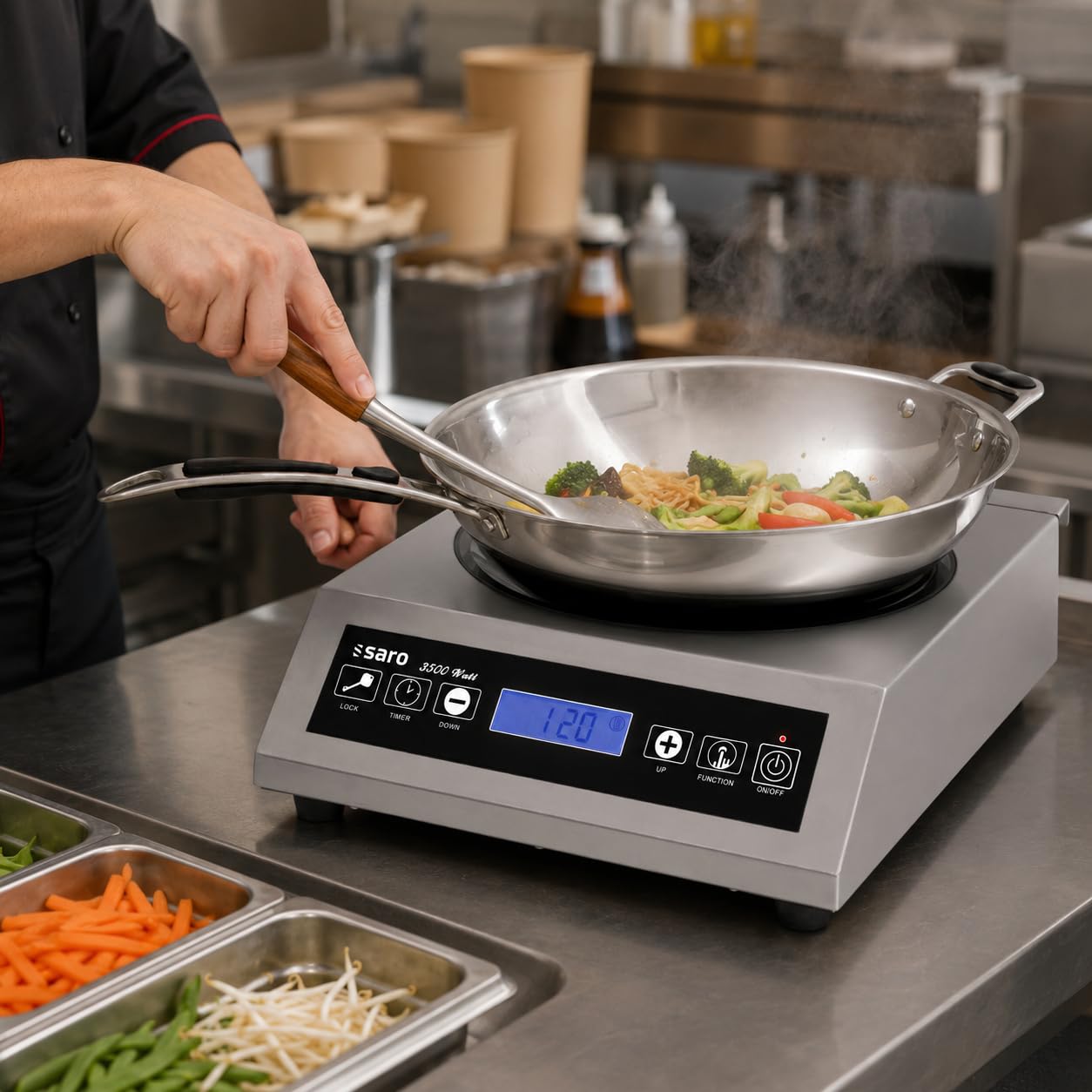 SARO Induktions-Wokkochfeld – Inkl. Wok – 10 Heizstufen – Timer – Edelstahlgehäuse – Temperatur 60–240 °C – 3,5 kW – Modell LOUISA