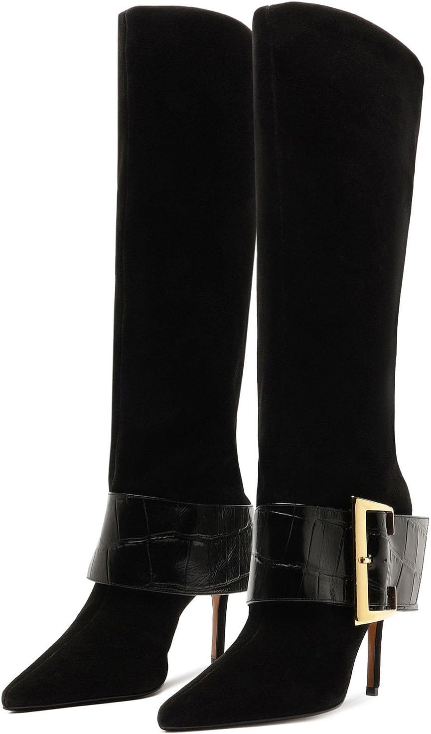 Fold Over Boots for Women Pointed Toe Stiletto Heel Knee High Boots Sexy Dress Shoes