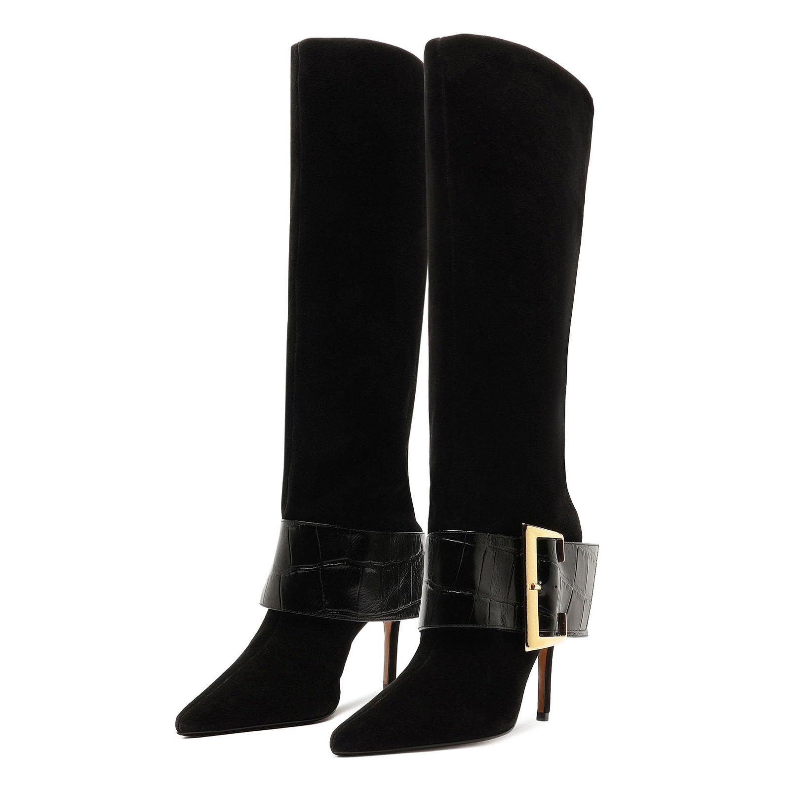Fold Over Boots for Women Pointed Toe Stiletto Heel Knee High Boots Sexy Dress Shoes