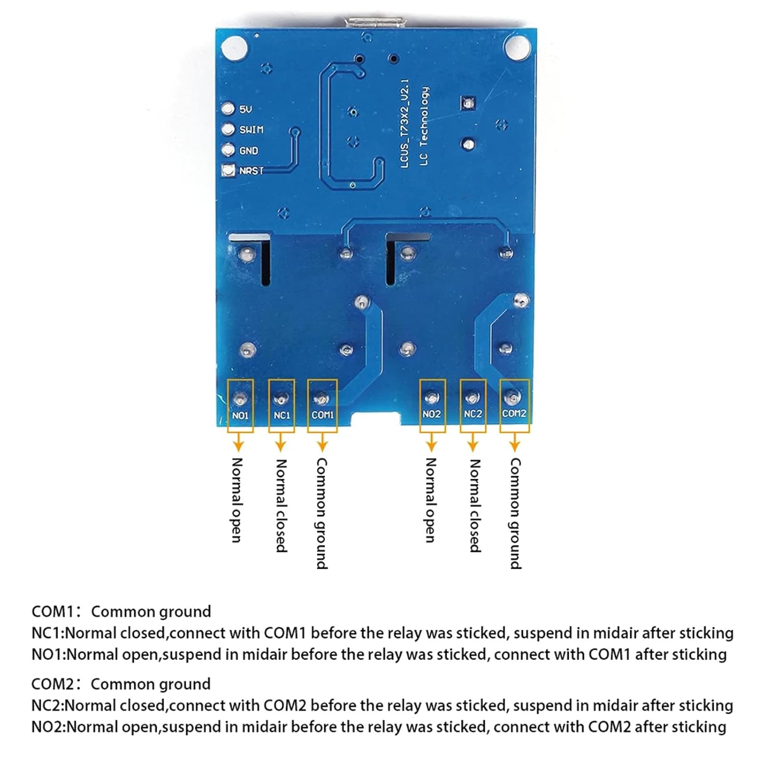 JESSINIE LCUS-2 USB 2-Channel Relay Module bottom view with labeled relay terminals.