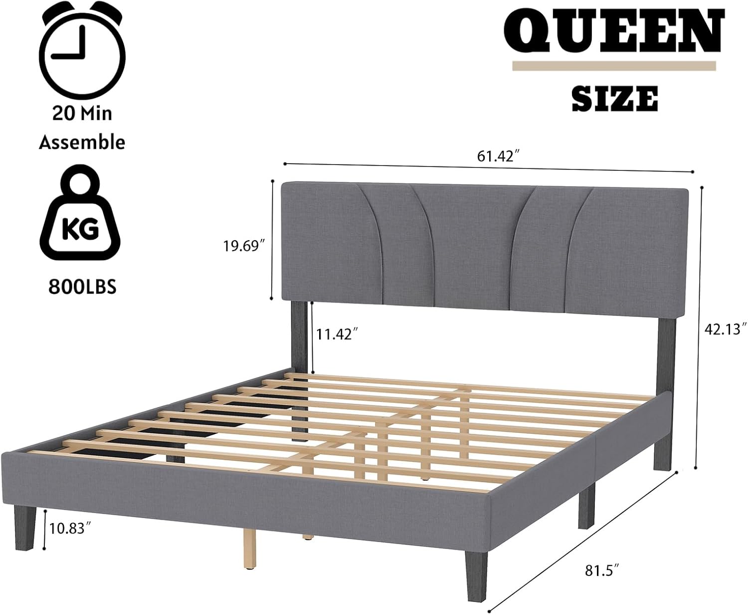 Solid Rubber Wood Platform Bed Frame, 800 lbs Heavy-Duty Capacity, Upholstered Headboard, Noise-Free, No Box Spring Needed, Easy Assembly, Grey, Queen