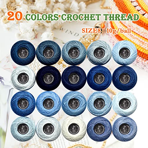 Image of Soft 20 Colors Classic Crochet Thread 20 Pack,100% Cotton (Grey Blue-160-3750)
