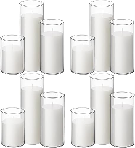 Miniatura 9 de Shihanee Juego de 12 velas de pilar y jarrones cilíndricos de vidrio transparentes para velas de pilar delgadas, centros de mesa de boda