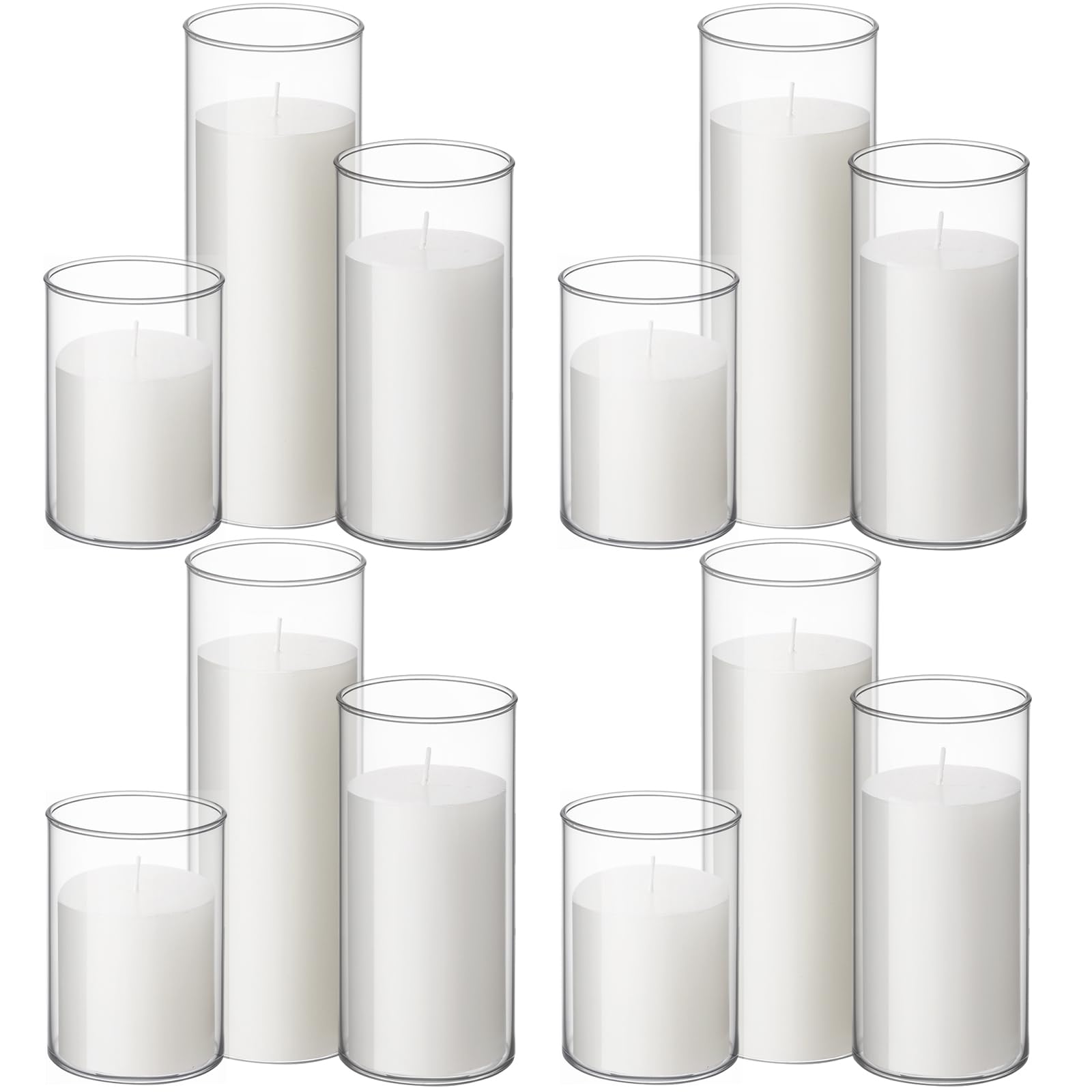 Shihanee Set of 12 White Pillar Candles and Glass Cylinder Vases Clear Cylinder Candle Holders for Slim Pillar Candles Wedding Centerpieces (4.7 in, 7 in, 9.8 in)