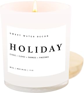 Sweet Water Decor Holiday Soy Candle - Citrus, Cloves, Black Dahlia Petals, Pine Cones and Oakmoss Holiday Scented Candles for Home - 11oz White Jar + Wood Lid, 50+ Hour Burn Time, Made in The USA