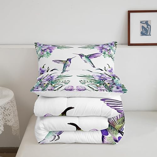 Miniatura 5 de Erosebridal Juego de ropa de cama de colibrí, flores moradas, tamaño Queen, para niños y niñas, edredón floral de jardín de lavanda, hojas de