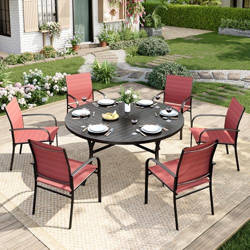 Image of MIXPATIO 7 Pieces Outdoor Table and Chairs, Patio Dining Set for 6 Includes 54 inch Round Outdoor Table and 6 Patio Chair Set, Outdoor Dining Furniture Set for Lawn Backyard Deck, Red