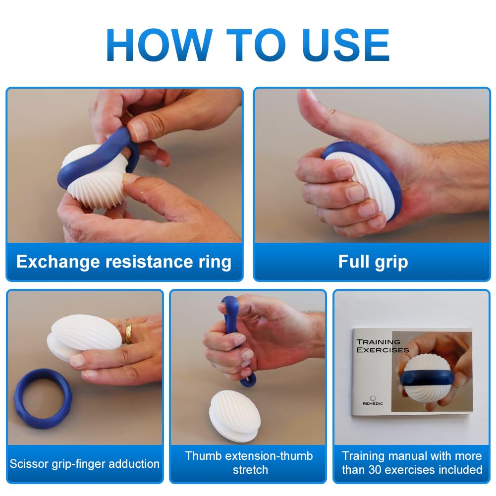 Remedic Ejercitador de manos y dedos – Fortalecedor de agarre con 2 anillos de resistencia y manual de entrenamiento con más de 30 ejercicios – Fortalece los músculos de las manos, articulaciones y