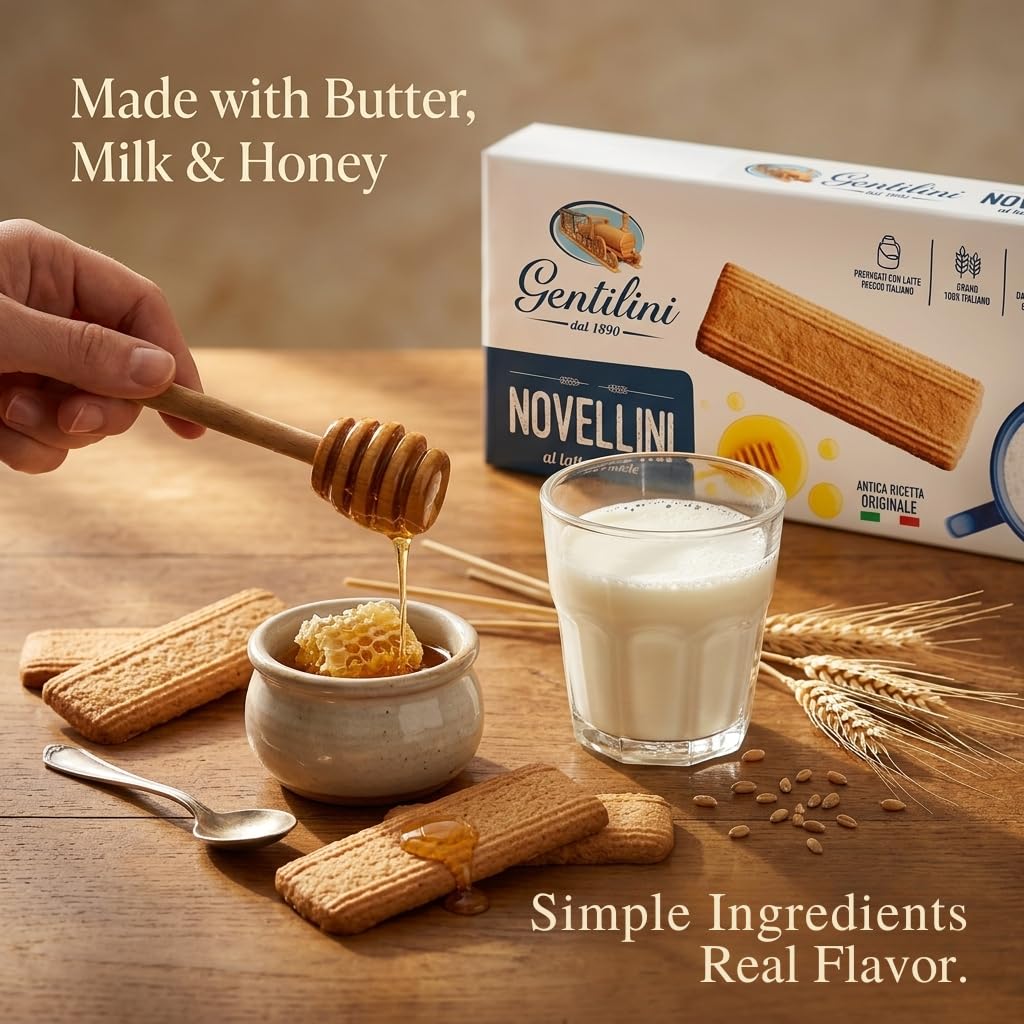 Gentilini Novellini Italian Biscotti Cookies, Milk & Honey, 8 Pack (8.8 oz / 250 g Each) – Imported from Italy, Classic Italian Cookies, Crispy Sweet Biscuits for Coffee, Tea & Snacking