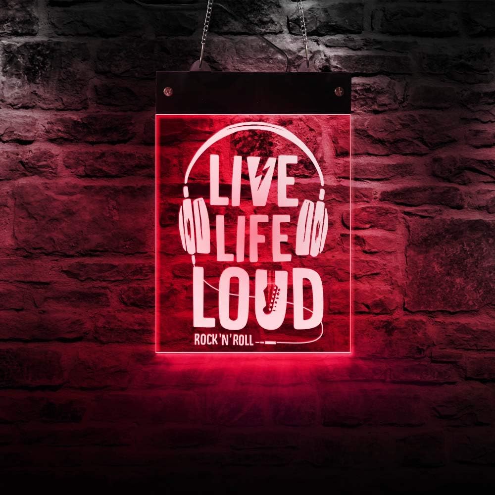 The Geeky Days Live Life Loud Rock And Roll Multi-color LED Wall Neon Sign Remoto Control Music Party Concert Live Open Sign Light Up Decor For Rock Music Studio