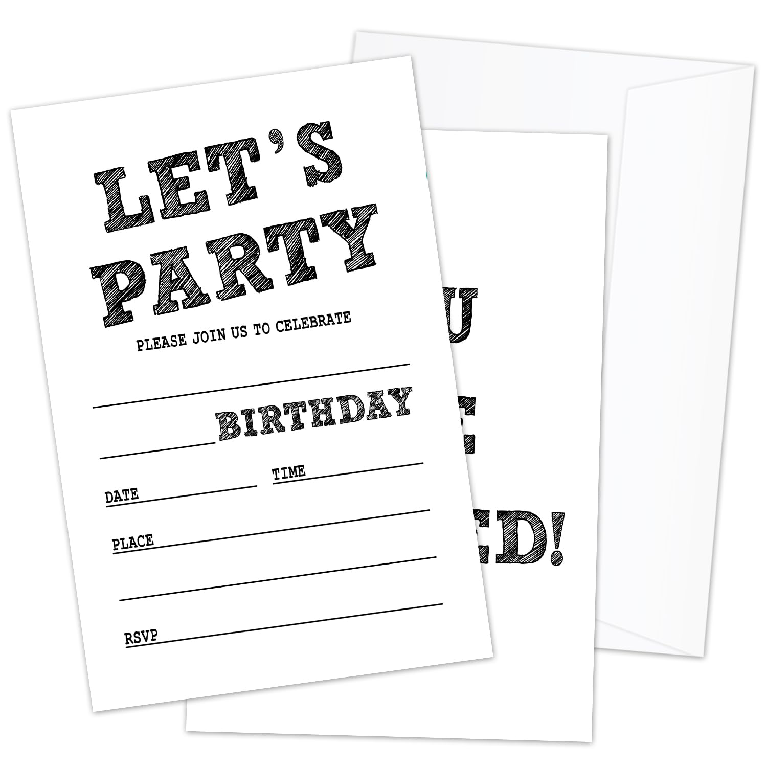 AWDSTN Let's Party! Birthday Party Invitations with Envelopes, Simple Black Birthday Party Invites, 20 Set Birthday Party Celebration Supplies &