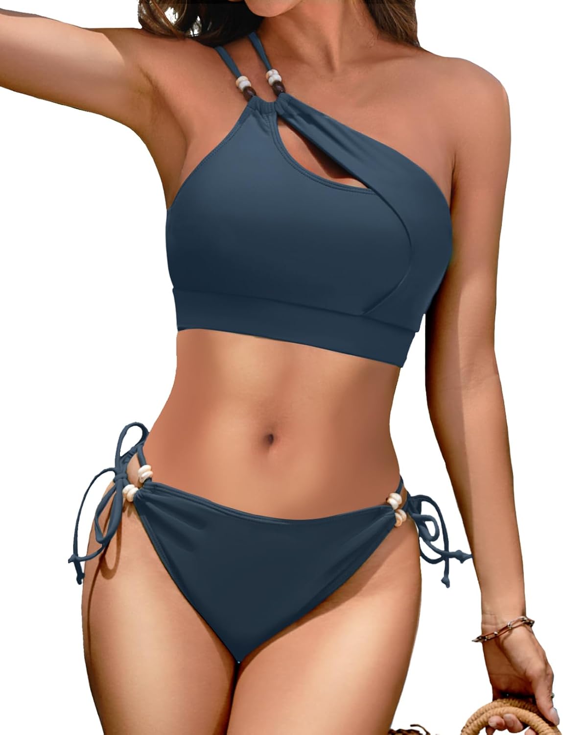 Women's One Shoulder Cutout Bikini Set 2 Piece Swimsuit Cheeky Bikini Beads Bathing Suit