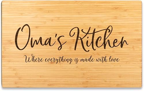 Andaz Press Tabla de cortar grande de madera de bambú, 17.75 x 11 pulgadas, Oma's Kitchen Where Everything is Made With Love, 1 paquete, tabla de