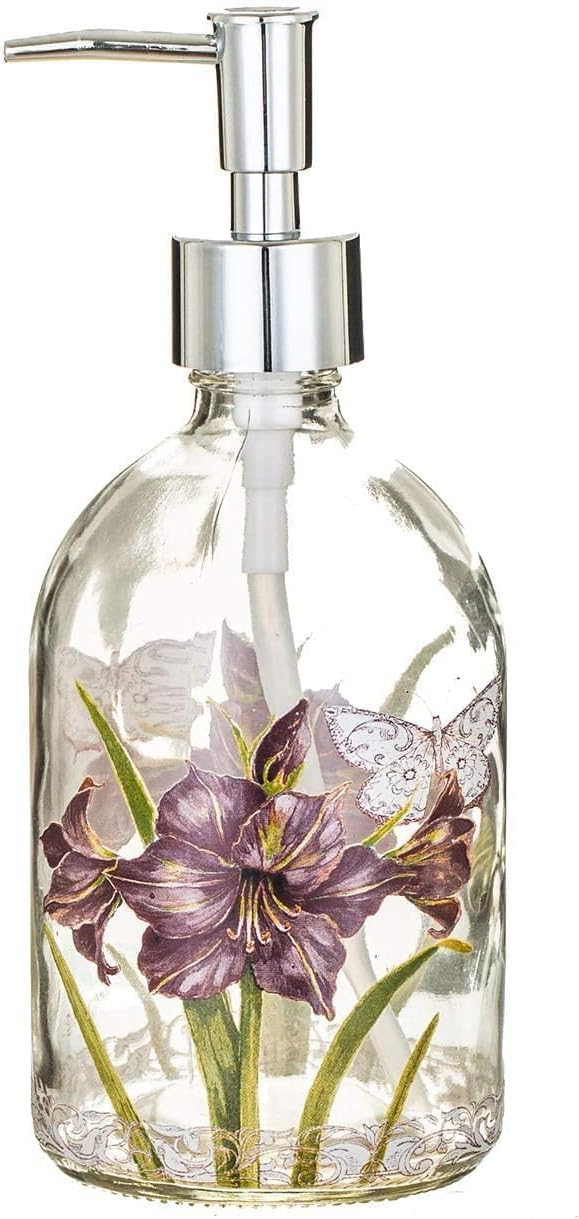17oz Glass Soap Dispenser with Plastic Pump for Kitchen and Bathroom, Refillable Liquid Clear Bottle for Dish Soap & Hand Soap(Floral)
