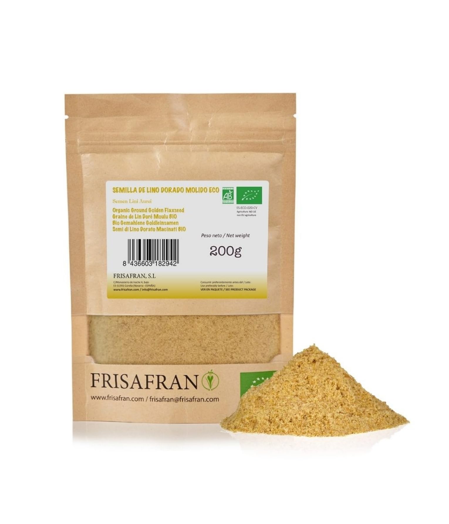 FRISAFRAN | Semilla de Lino Dorado Molida Ecológico 200g | Superalimento Organico | lino dorado | Semillas de lino marrón | Ácidos grasos | Fuente Natural de Fibra | Omega 3 | 100% Vegano | Sin Gluten