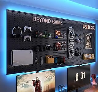 Stecktafel mit RGB- und IC-LED-Lichtstreifen, 2 Metall-Stecktafeln, robust, Gaming-Raum-Wand-Organizer mit Haken, DIY-RGB-Gaming-Setup-Organizer, Wandmontage, 30,5 x