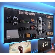 RGB Gaming Wall Organizer Peg Board with RGB LED Strip Lights, 2PCS Metal Gamer Wall Decor Peg Board with Hooks, DIY Gaming Setup Organizer PegBoard Gaming Wall Accessories 12 * 24&rdquo;