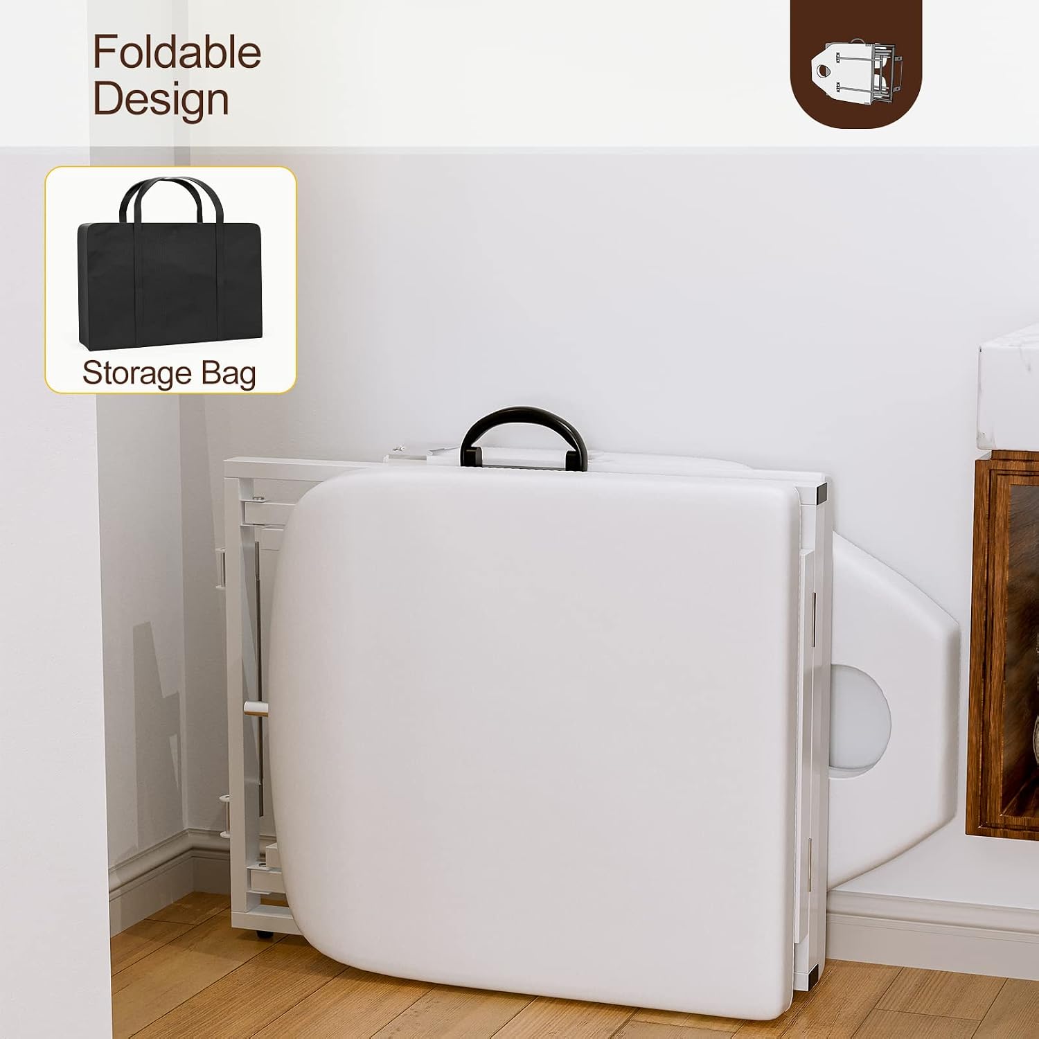 Image showing the Paddie portable tattoo chair folded and placed inside its black storage bag, leaning against a wall.