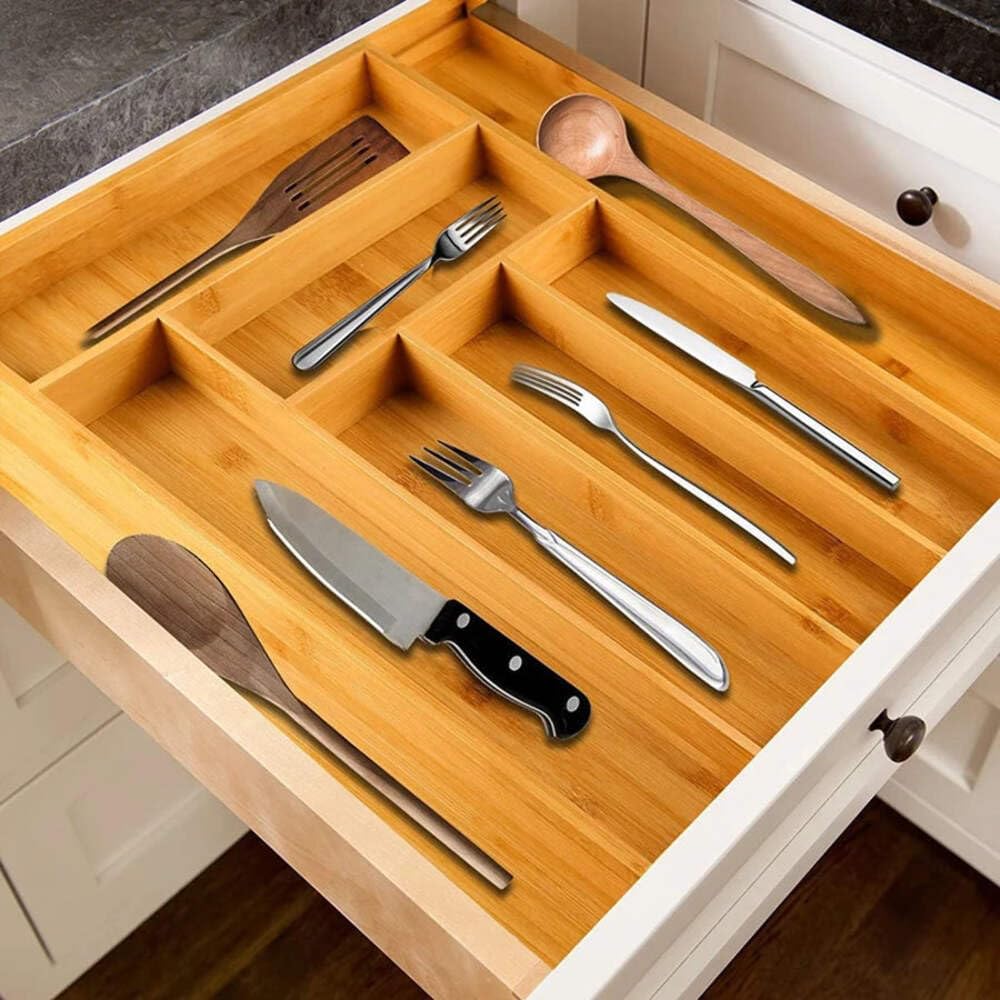 Organizador de cubiertos de bambú expandible para cajones, bandeja ajustable para cubiertos, organizador de cajones de cubiertos de madera, cualidades naturales