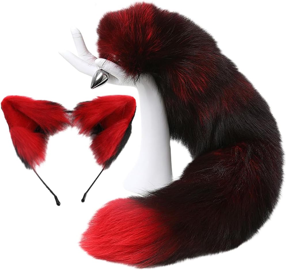 Butt Plug Fox Tail,Handmade Xuanfox Big Red Cat Ear Hair Bands Plush Cute Cat SetCute Hair AccessoriesGirls Stainless Steel Cosplay Toy-2.2cm Anal Plugs