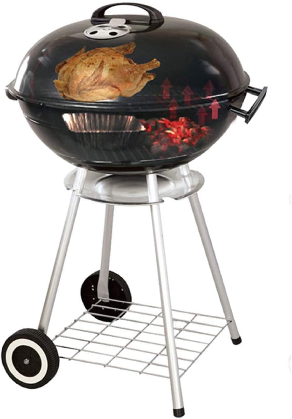 Portable Enamel Metal Grill with Lid 18 Inch BBQ Grill Round Freestanding BBQ Grill for Party Garden BBQ